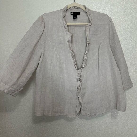 Lane Bryant Linen Blend Gray Ruffle 3/4 Sleeves Cardigan - Picture 2 of 11